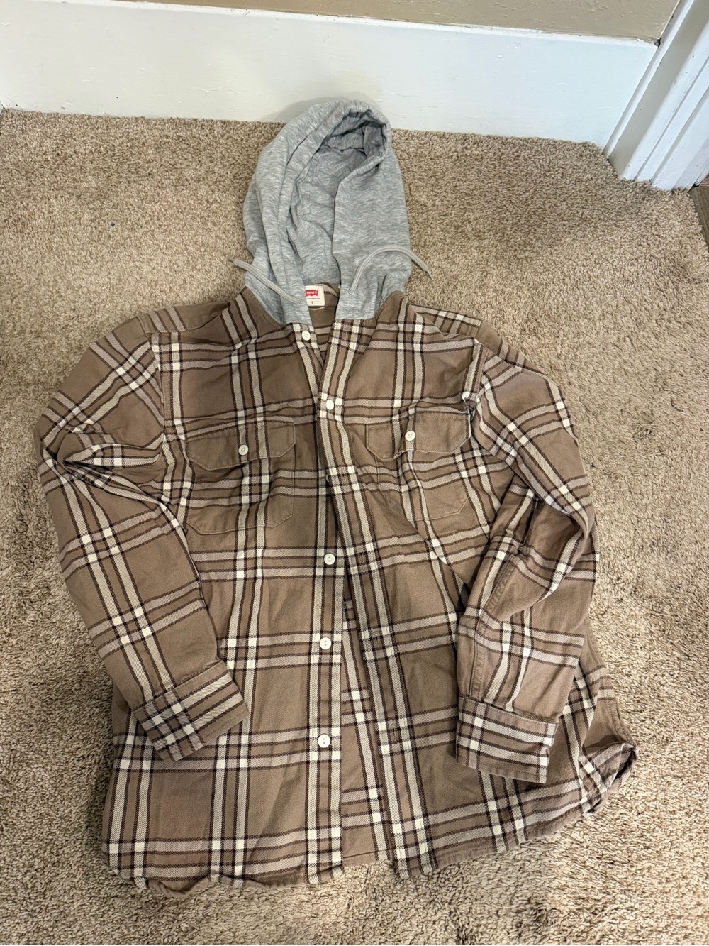 Levi’s Men’s Plaid Hooded Flannel Shirt Brown Size Small Relaxed